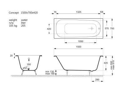 Ванна чугунная Vinsent Veron Concept 150x70x42 VCO1507042 фото в интернет-магазине Русалия