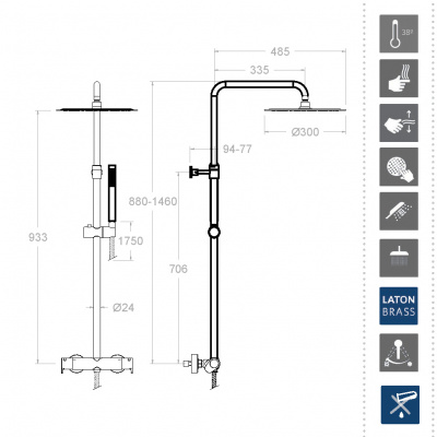 Душевая термостатическая система наружнего монтажа с телескопическим тропическим душем и душевым комплектом ALEXIA 365402RM250NM матовый черный Ramon Soler фото в интернет-магазине Русалия