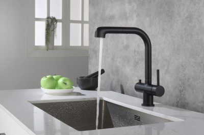 Смеситель для кухни с подключением фильтра и выдвижной лейкой Timo Saona черный (2346/03FL) фото в интернет-магазине Русалия