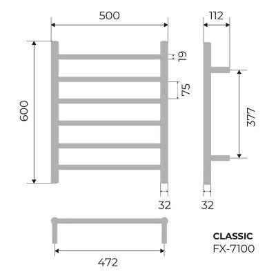 Полотенцесушитель электрический Fixsen CLASSIC 600х500 FX-7100, хром FX-7100 фото в интернет-магазине Русалия