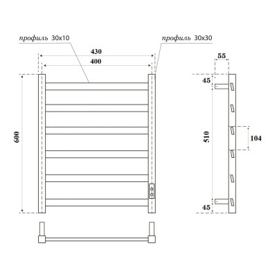 Полотенцесушитель электрический REFLEXION Атакама RXT086040BL 600x400, черный матовый фото в интернет-магазине Русалия