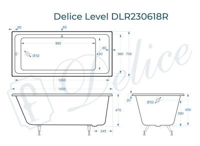 Ванна чугунная Delice Level 140х70 DLR230618 фото в интернет-магазине Русалия
