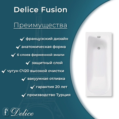 Ванна чугунная Delice Fusion 170х70 с антискользящим покрытием DLR230647-AS фото в интернет-магазине Русалия
