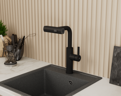 Смеситель для кухни с выдвижной лейкой RUSH Tinos (TI3732-18Black) фото в интернет-магазине Русалия