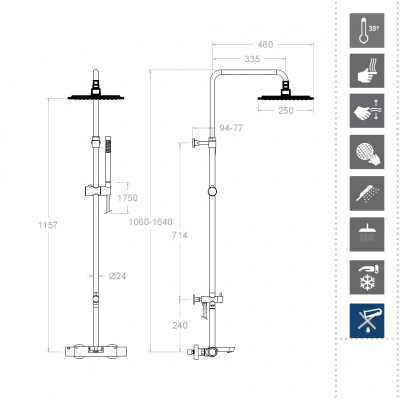 Душевая термостатическая система наружнего монтажа с телескопическим тропическим душем и душевым комплектом с изливом AROLA 265602RK250 Ramon Soler фото в интернет-магазине Русалия