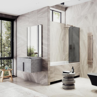 Неподвижная шторка для ванны в узком профиле 80 см, стекло тонированное (графит) матовый, профиль бронза MGV-88-2у Maybah Glass фото в интернет-магазине Русалия