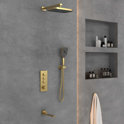 Душевой комплект VSFW-433T1BG встраиваемый, термостатический, 3 режима, брашированное золото Vincea фото в интернет-магазине Русалия
