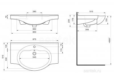 Раковина Santek Сенеж 87 отверстие под смеситель 1WH110265 фото в интернет-магазине Русалия