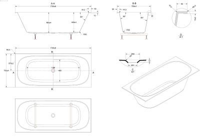 Ванна акриловая Vincea VBT-710-1700, 1700*750*460, цвет белый фото в интернет-магазине Русалия