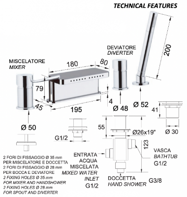 Смеситель для ванны Remer Minimal N06317MM фото в интернет-магазине Русалия