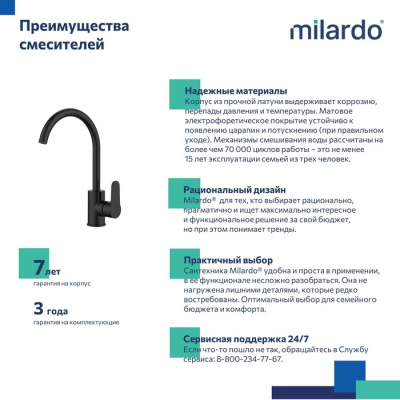 Смеситель Milardo для кухни черный матовый Poli (POLBLJ0M05) фото в интернет-магазине Русалия