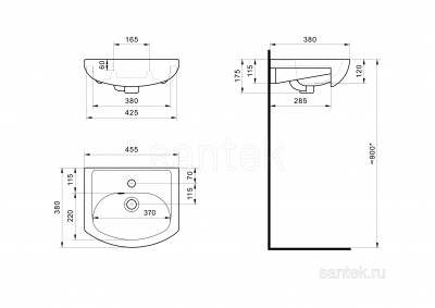 Раковина Santek Азов 45 отверстие под смеситель 1WH112449 фото в интернет-магазине Русалия