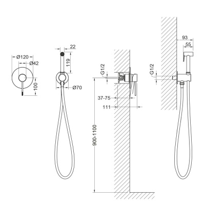Смеситель встроенный с гигиеническим душем Timo Saona (2389/17SM) золото матовое фото в интернет-магазине Русалия