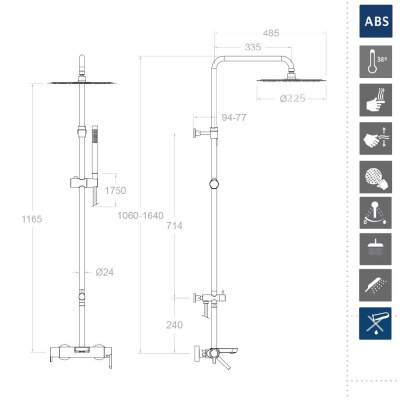 Душевая термостатическая система наружнего монтажа с телескопическим тропическим душем и душевым комплектом с изливом DRAKO 335602RPK225 Ramon Soler фото в интернет-магазине Русалия