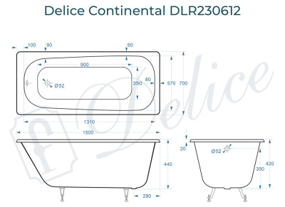 Ванна чугунная Delice Continental 150х70 DLR230612 фото в интернет-магазине Русалия