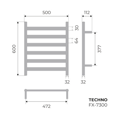 Полотенцесушитель электрический Fixsen TECHNO 600х500 FX-7300, хром FX-7300 фото в интернет-магазине Русалия