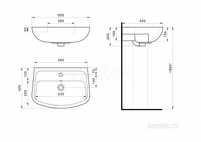 Раковина Santek Лонги 600х420 отверстие под смеситель 1WH501756 фото в интернет-магазине Русалия