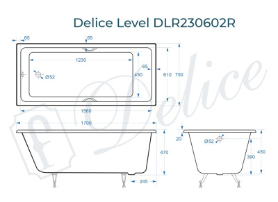 Ванна чугунная Delice Level 170х75 с отверстиями под ручки DLR230602R фото в интернет-магазине Русалия