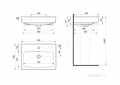 Раковина Santek Нео 60 отверстие под смеситель 1WH302186 фото в интернет-магазине Русалия