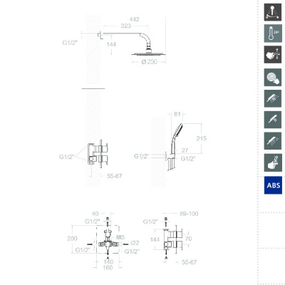 Встраиваемая термостатическая душевая система с тропическим душем и душевым комплектом BLAUTHERM 948712RM250 Ramon Soler фото в интернет-магазине Русалия