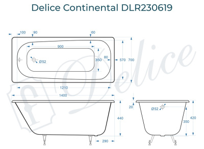 Ванна чугунная Delice Continental 140х70 DLR230619 фото в интернет-магазине Русалия
