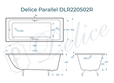 Ванна чугунная Delice Parallel 170х80 с черными матовыми ручками DLR220502RB фото в интернет-магазине Русалия