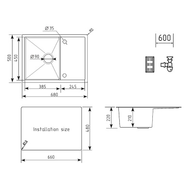 Кухонная мойка Ulgran Steel 680x500, черная брашированная сталь фото в интернет-магазине Русалия