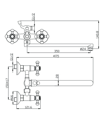 Смеситель OLIVE'S для ванны с длинным изливом GIRONA (01221GR) фото в интернет-магазине Русалия