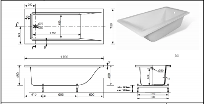 Ванна прямоугольная "FIXEN" 1700х750 VS17075 из литьевого мрамора Shruders фото в интернет-магазине Русалия