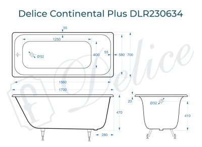 Ванна чугунная Delice Continental PLUS 170х70 DLR230634 фото в интернет-магазине Русалия