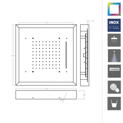 Потолочный душ, встроенный HROMOTERAPIA REKLEDNC570 никель брашированный Ramon Soler фото в интернет-магазине Русалия