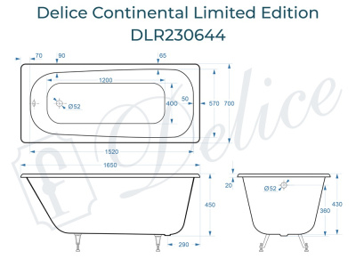 Ванна чугунная Delice Continental Limited Edition 165х70 DLR230644 фото в интернет-магазине Русалия