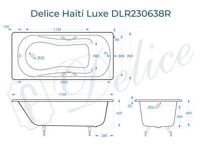 Ванна чугунная Delice Haiti Luxe 170х80 с отверстиями под ручки DLR230638R фото в интернет-магазине Русалия
