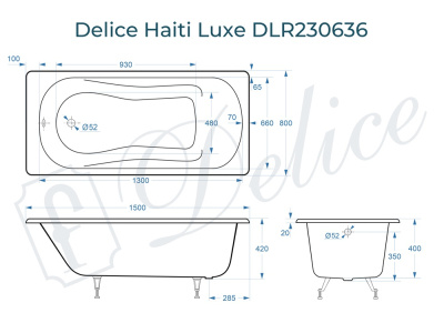 Ванна чугунная Delice Haiti Luxe 150х80 DLR230636 фото в интернет-магазине Русалия
