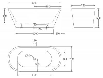 Акриловая ванна без перелива BELBAGNO BB61-1700-W0, 1700х750х600 фото в интернет-магазине Русалия