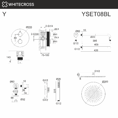 Термостатическая душевая система скрытого монтажа WHITECROSS Y YSET08BL (черный мат) фото в интернет-магазине Русалия