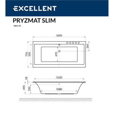 Акриловая ванна EXCELLENT Pryzmat Slim 160x75  WAEX.PRY16WHS фото в интернет-магазине Русалия