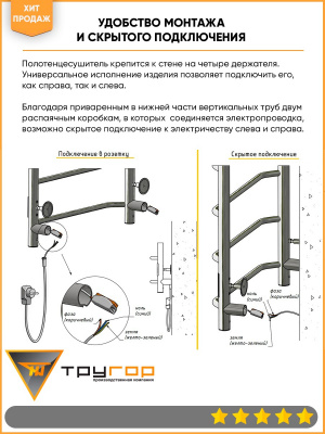 Полотенцесушитель электрический Аспект Пэк сп 1 80х50 черный ВГП Тругор фото в интернет-магазине Русалия
