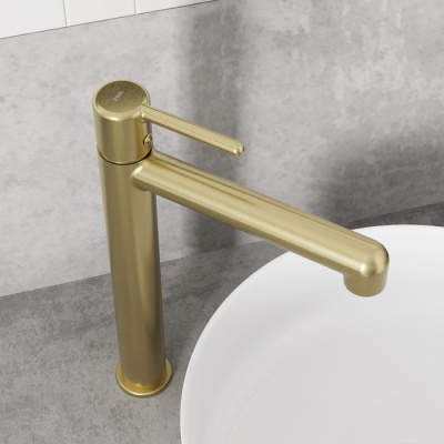 Смеситель для настольного умывальника, золотой матовый, Aiger, IDDIS (AIGMG01i01) фото в интернет-магазине Русалия