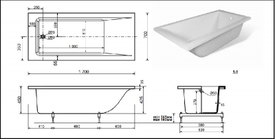 Ванна прямоугольная "FIXEN" 1700х700 VS17070 из литьевого мрамора Shruders фото в интернет-магазине Русалия