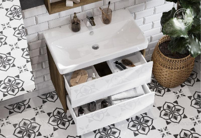 Тумба под раковину AQUATON Сканди 80 белый, дуб рустикальный 1A283001SDZ90 фото в интернет-магазине Русалия