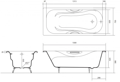Чугунная ванна Гамма AQ8050FH-00 150х75 с ручками и ножками Aquatek фото в интернет-магазине Русалия