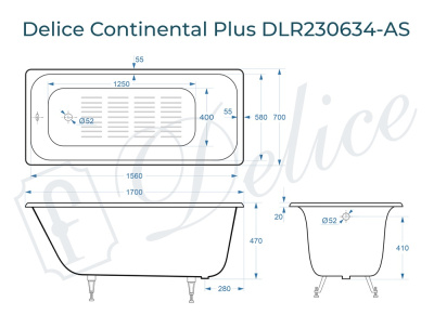 Ванна чугунная Delice Continental PLUS 170х70 с антискользящим покрытием DLR230634-AS фото в интернет-магазине Русалия