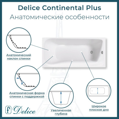 Ванна чугунная Delice Continental PLUS 170х75 с отверстиями под ручки DLR230635R фото в интернет-магазине Русалия