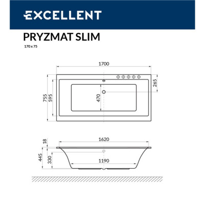 Акриловая ванна EXCELLENT Pryzmat Slim 170x75  WAEX.PRY17WHS фото в интернет-магазине Русалия