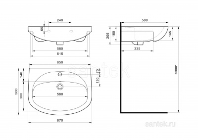 Раковина Santek Стелла 65 отверстие под смеситель 1WH110174 фото в интернет-магазине Русалия